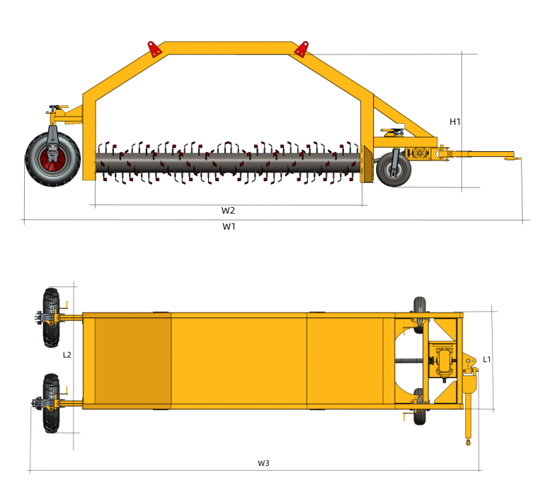 tractor-towed compost turner frame and rotary drum diagram